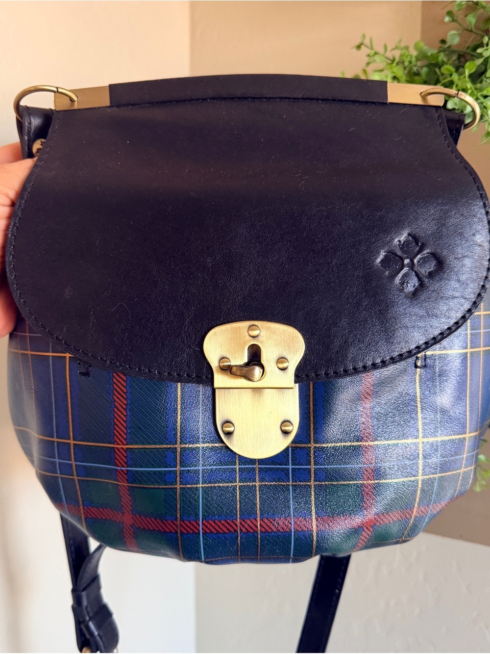 Patricia Nash Navy Plaid Crossbody with Black Leather Flap & Brass Lock